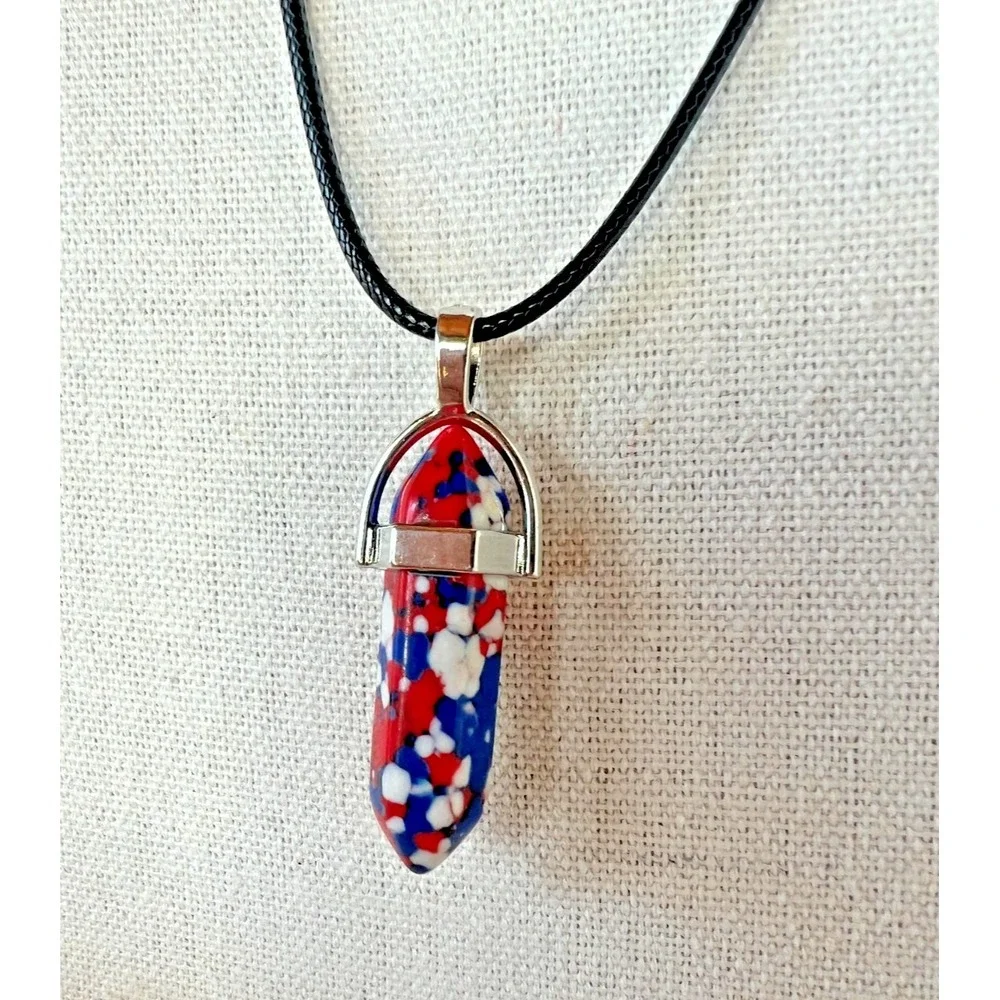 Red White Blue Stone Pendant Necklace Patriotic USA Americana Cord 250 Birthday‎